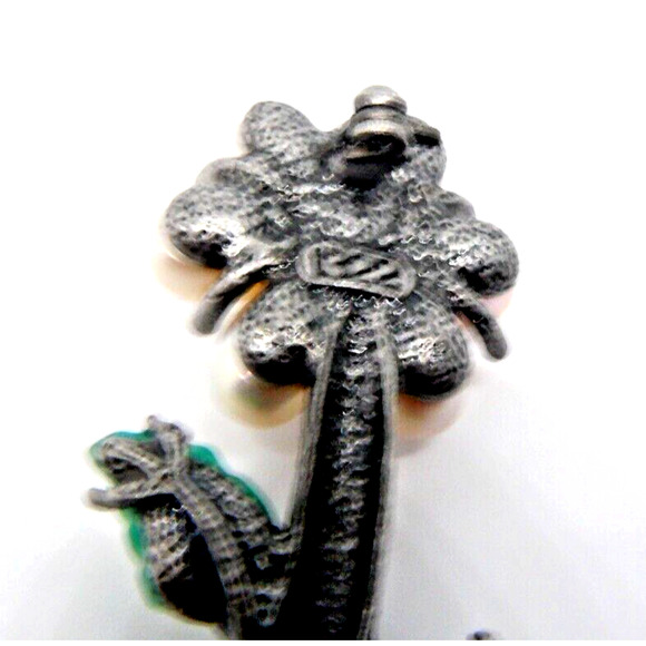 Silver Tone Pewter Style Pearl, Jade Leaf Flower Brooch Pin VTG Designer 1322 - Picture 3 of 3